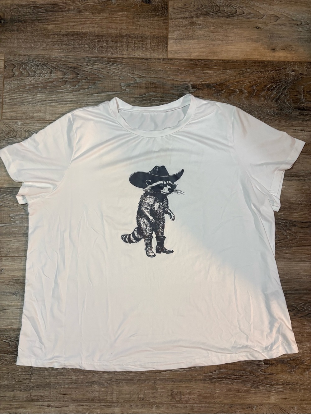 SHEIN White Short Sleeve Tee with Black Cowboy Raccoon Print